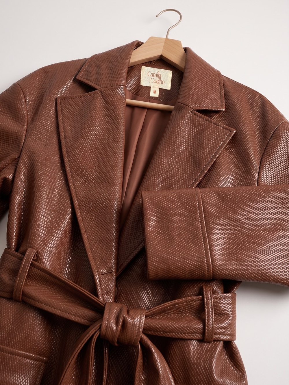 Revolve Camila Coelho Esma Trench Coat Cognac Vegan Leather Belted Revolve M - Picture 6 of 10